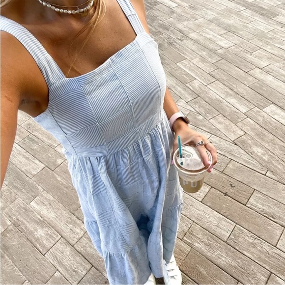 Madewell Cicely Tiered Midi Dress in Patchwork Light Blue Checkered Dress - Picture 9 of 9